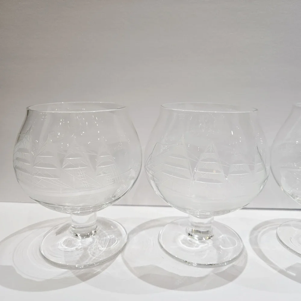 6 Toscany Clipper Schooner Ship Etched Crystal Glass Brandy Snifters